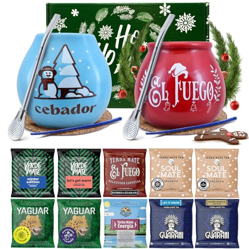 Mate Tee Geschenkset für zwei mit Zubehör | Mate Tee Yaguar, Verde Mate, Soul Mate, Guarani, El Fuego, Rio Parana | Kalebasse, bombilla und Zubehör | 10x50g | Natürliches Koffein | 500g | 0,5kg von Cebador