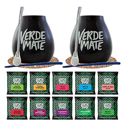 Verde Mate Mate Tee Set mit Zubehör für zwei Personen | Proben von Verde Mate Grüne Mate Tee | 10x50g | Kalebasse, Bombilla und Zubehör | Brasilianische, grüne Mate Tee | Natürliches Koffein | 500g von Cebador