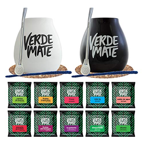 Verde Mate Mate Tee Set mit Zubehör für zwei Personen | Proben von Verde Mate Grüne Mate Tee | 10x50g | Kalebasse, Bombilla und Zubehör | Brasilianische, grüne Mate Tee | Natürliches Koffein | 500g von Cebador