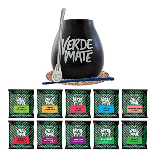 Verde Mate Mate Tee Set mit Zubehör | Proben von Verde Mate Green Mate Tee | 10x50g | Kalebasse, Bombilla und Zubehör | Brasilianische, grüne Mate Tee | Natürliches Koffein | 500g | 0,5kg von Cebador