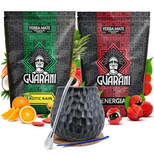 Mate Tee Set mit Zubehör | Guarani Energia con Guarana und Exotic Rain | Anregende, fruchtige Mate Tee | Kalebasse, Bombilla und Zubehör | Natürliches Koffein | Paraguayische Mate | 2x500g | 1kg von Cebador