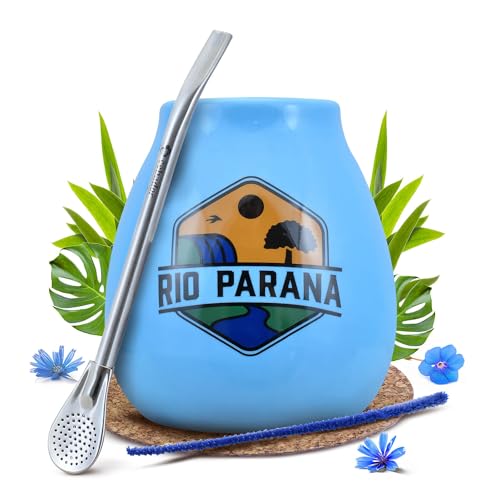 Mate Tee Zubehörset | Keramikkalebasse mit Rio Parana Logo, Bombilla, Reiniger, Korkpolster | Mate Tee Kürbis von Cebador