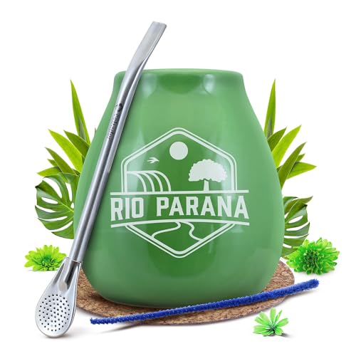 Mate Tee Zubehörset | Keramikkalebasse mit Rio Parana Logo, Bombilla, Reiniger, Korkpolster | Mate Tee Kürbis von Cebador