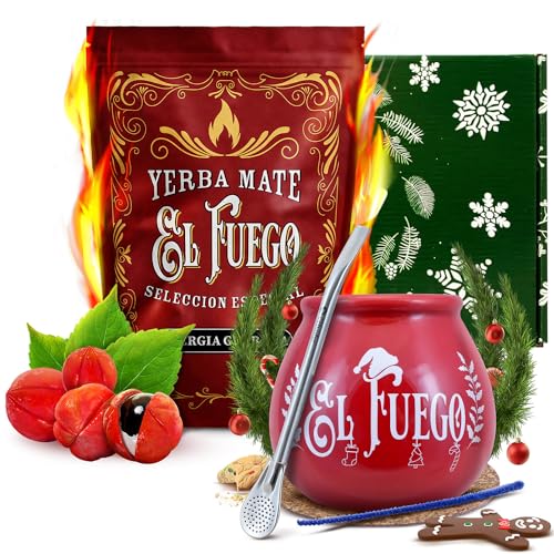 Mate Tee set El Fuego Energia Guarana mit Zubehör | Hochenergetische Mate Tee mit Guarana | Kalebasse, Bombilla und Zubehör | Paraguayische Mate Tee | Natürliches Koffein | 500g | 0,5kg von Cebador