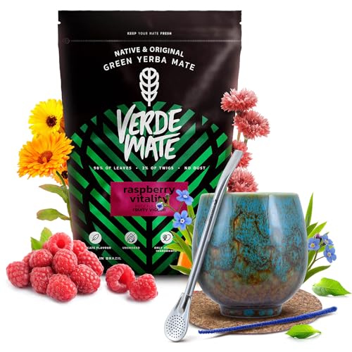 Mate Tee set Verde Mate Green Raspberry Vitality mit Zubehör | Himbeere und Guarana | Kalebasse, Bombilla und Zubehör | Brasilianische Mate Tee | Natürliches Koffein | 500g | 0,5kg von Cebador