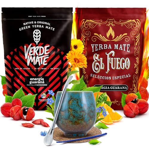 Mate Tee set Verde Mate und El Fuego Energia mit Zubehör | Energiespendende Mate Tee mit Guarana | Kalebasse, Bombilla und Zubehör | Original Mate Tee | Natürliches Koffein | 2x500g | 1kg von Cebador