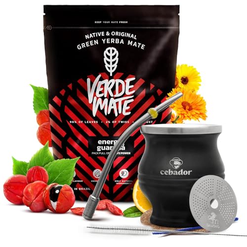 Set Mate Tee Verde Mate Energia Guarana mit Zubehör | Stimulierende Mate Tee | Thermischer Mate-Kürbis TermoColador, Bombilla und Zubehör | Natürliches Koffein | Brasilianische Mate | 500g | 0,5kg von Cebador