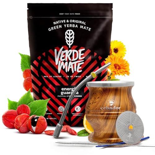 Set Mate Tee Verde Mate Energia Guarana mit Zubehör | Stimulierende Mate Tee | Thermischer Mate-Kürbis TermoColador, Bombilla und Zubehör | Natürliches Koffein | Brasilianische Mate | 500g | 0,5kg von Cebador