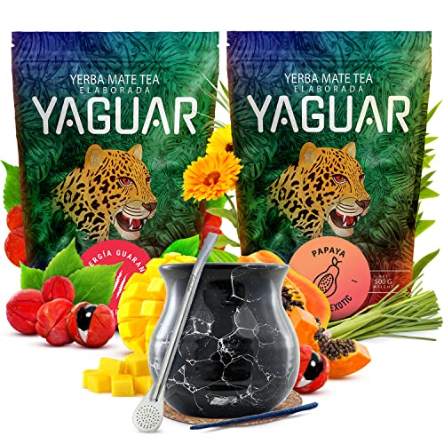 Set anregender Mate Tee mit Zubehör | Zweierpack Mate Tee | Yaguar | Guarana, Papaya | Gereifter Mate Tee aus Brasilien | Mild | Natürliches Koffein | 2x500g | 1kg von YAGUAR