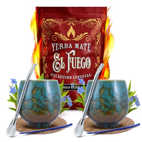 Set von Mate Tee El Fuego Energia Guarana mit Zubehör für zwei Personen | Mate Tee mit Guarana | Kalebasse, Bombilla und Zubehör | Paraguayische Mate Tee | Natürliches Koffein | 500g | 0,5kg von Cebador