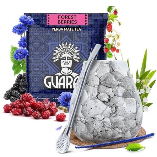 Set von Mate Tee Zubehör mit Probe | Guarani Forest Berries | Kalebasse, Bombilla und Zubehör | Paraguayische Mate Tee | Natürliches Koffein | 50g von Cebador