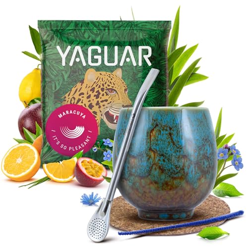 Set von Mate Tee Zubehör mit Probe | Yaguar Maracuya | Kalebasse, bombilla und Zubehör | Brasilianische Mate Tee | Natürliches Koffein | 50g von Cebador