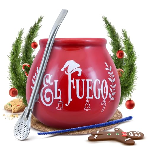 Weihnachtliches Mate Tee Zubehörset | Keramikkalebasse mit El Fuego Logo - Christmas Edition, Bombilla, Reiniger, Korkpad | Mate Tee Kürbis von Cebador