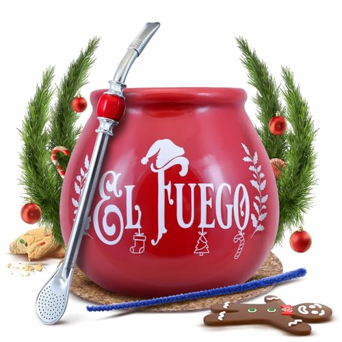 Cebador Weihnachtliches Mate Tee Zubehörset | Keramikkalebasse mit El Fuego Logo - Christmas Edition, Bombilla, Reiniger, Korkpad | Mate Tee Kürbis von Cebador