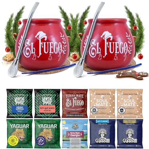 Winter-Mate-Tee-Set für zwei Personen mit Zubehör | Mate Tee Yaguar, Verde Mate, Soul Mate, Guarani, El Fuego, Rio Parana | Kalebasse, Bombilla und Zubehör | 10x50g | Natürliches Koffein | 500g von Cebador