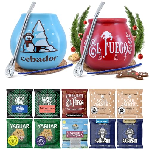 Winter-Mate-Tee-Set für zwei Personen mit Zubehör | Mate Tee Yaguar, Verde Mate, Soul Mate, Guarani, El Fuego, Rio Parana | Kalebasse, Bombilla und Zubehör | 10x50g | Natürliches Koffein | 500g von Cebador