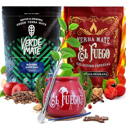 Winter Mate Tee set Verde Mate und El Fuego mit Zubehör | Anregende und wärmende Mate Tee | Calabash, bombilla und Zubehör | Original Mate Tee | Natürliches Koffein | 2x500g | 1kg von Cebador