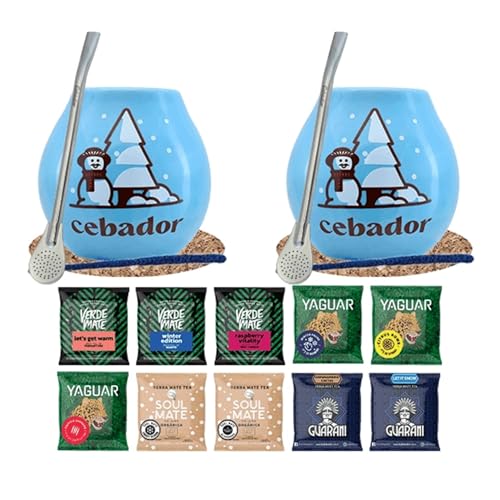 Winterset von Mate Tee Proben mit Zubehör | Mate Tee Yaguar, Verde Mate, Soul Mate, Guarani | 2x Kalebasse, 2x Mate Tee bombilla | 10x50g | Natürliches Koffein | 500g | 0.5kg von Cebador