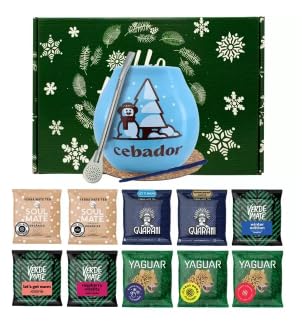 Winterset von Mate Tee Proben mit Zubehör | Mate Tee Yaguar, Verde Mate, Soul Mate, Guarani | Calabash und Mate Tee bombilla | 10x50g | Natürliches Koffein | 500g | 0.5kg von Cebador