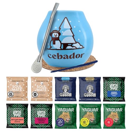 Winterset von Mate Tee Proben mit Zubehör | Mate Tee Yaguar, Verde Mate, Soul Mate, Guarani | Calabash und Mate Tee bombilla | 10x50g | Natürliches Koffein | 500g | 0.5kg von Cebador