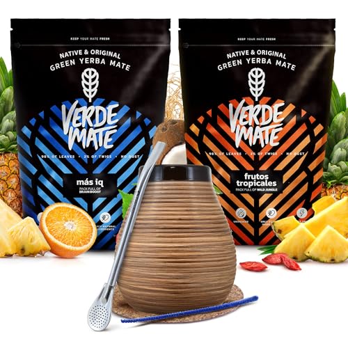 Yaguar Mate Tee Set mit Zubehör | Doppelpack Mate Tee | Yaguar Berryland und Naranja | Kalebasse, Bombilla und Zubehör | Natürliches Koffein | Brasilianische Mate Tee | 2x500g | 1kg von Cebador