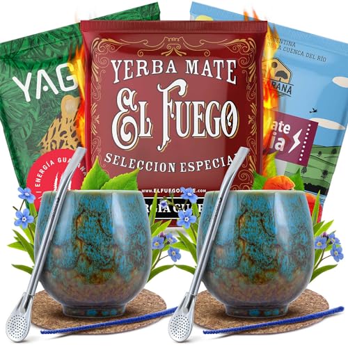 Zubehörset Mate Tee mit Proben für zwei Personen | Yaguar, El Fuego, Rio Parana | Energia Guarana | Calabash, bombilla und Zubehör | Original Mate Tee | Natürliches Koffein | 3x50g von Cebador