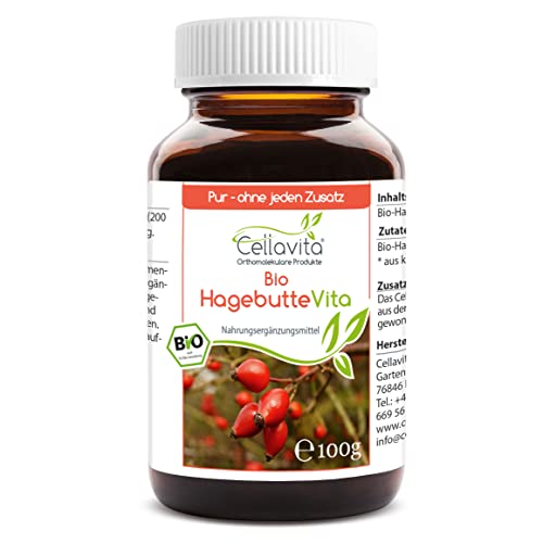 Cellavita Bio Hagebutte Vita - Dose Pulver (vegan) Premium Fruchtpulver aus der ganzen Hagebutte | (100g Pulver) von Cellavita