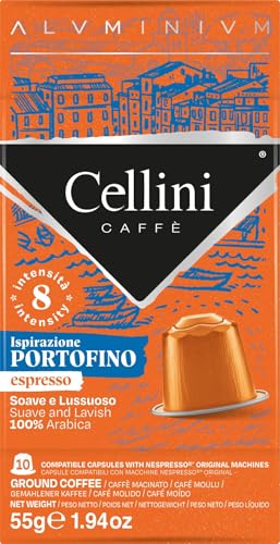 Caffè Cellini Aluminium-Kapseln, kompatibel mit Nespresso, Aluminium Portofino, 100 Stück, kompatibel mit Nespresso, Aluminium-Kaffeekapseln, fruchtiger Geschmack und feiner Säure, kompatibel mit von Cellini