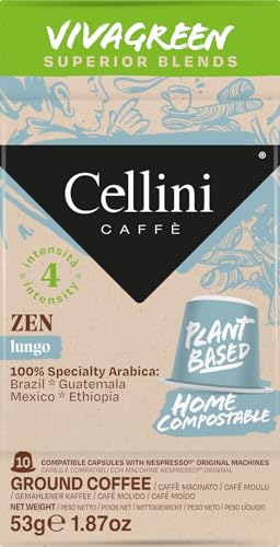 Caffè Cellini Nespresso Kompostierbare Kapseln - Zen-Mischung 100Stk | Home Kaffee Kapseln Kompostierbar | 100% Arabica Spezialitätenmischung Intensität 4 von Cellini