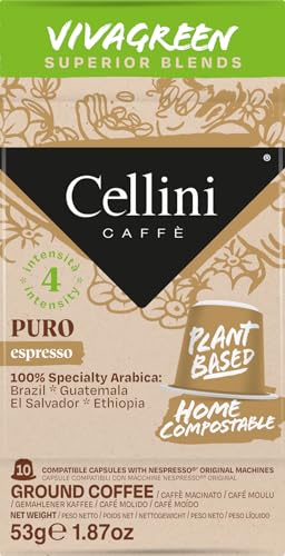 Caffè Cellini kompostierbare Kaffeekapseln, kompatibel mit Nespresso, reine Mischung, 100 Stück, kompostierbare Kaffeekapseln, Plant Based 100% Specialty Arabica, Intensität 4, kompatible von Cellini