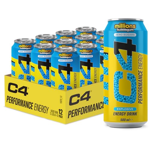 C4 Performance Energy Drinks Millions Bubblegum 500ml (12er Pack) | Zuckerfreier Energy-Drink mit 160mg Koffein, 250mg Betain, 1050mg Taurin | Kalorienarme kohlensäurehaltige Getränke für unterwegs von Cellucor