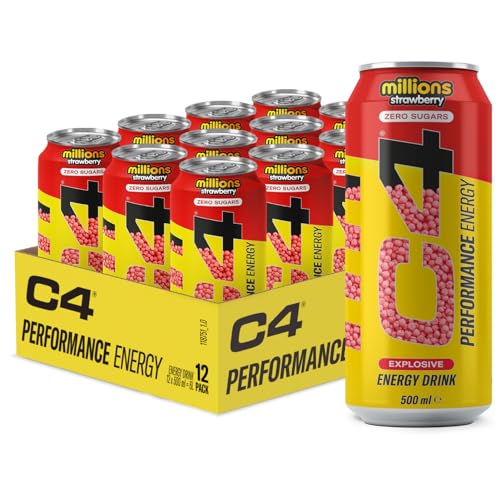 C4 Performance Energy Drinks Millions Strawberry 500 ml (12er-Pack) | Zuckerfreier Energy-Drink mit 160 mg Koffein, 250 mg Betain, 1050 mg Taurin | Kalorienarme kohlensäurehaltige Getränke für von Cellucor