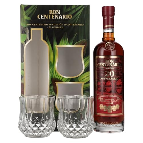 Ron Centenario Fundación 20 Aniversario | Geschenkset mit 2 Tumblern | Hergestellt im Solera-Verfahren | Weich & harmonisch | Silbermedaille bei Tokyo Whisky & Spirits | 700ml von Centenario