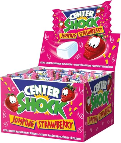 Center Shock Jumping Strawberry, Box mit 100 Kaugummis, extra-sauer mit Erdbeer-Geschmack, ideal für Geburtstag, Pinata, Partys & Weihnachten, 400g von Center Shock