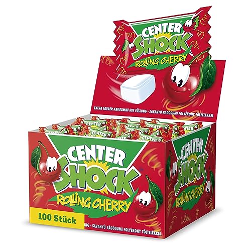 Center Shock Rolling Cherry, Box mit 100 Kaugummis, extra-sauer mit Kirsch-Geschmack, ideal für Geburtstag, Pinata, Candy-Bar & Schultüte, 400g von Center Shock