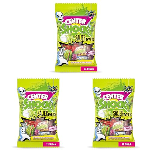 Center Shock Sour Mix, 1 Packung mit 11 extra-sauren Kaugummis, Mit Füllung + ohne Farbstoffe, perfekt für Halloween (Packung mit 3) von Center Shock