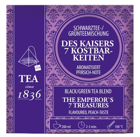 Schwarz-/ Grünteemischung Des Kaisers 7 Kostbarkeiten Pfirsich-Note aromatisiert 50 Pyramidenbeutel im Sachet à 3 g von Teemando