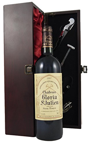 Chateau Gloria 1997 Saint Julien 75cl edler Wein in einer mit Seide ausgestatetten Geschenkbox. Da zu vier Wein Zubehör, Korkenzieher,Giesser,Kapselabschneider,Weinthermometer von Chateau Gloria