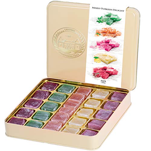 Assorted Turkish Delight Mix, Rose, Minze, Orange, Zitrone und Granatapfel Geschmack, Lokum Dessert Gourmet Geschenkbox Dose, 500g, Ca. 26 Stück, Chateau De Mediterranean von Chateau de Mediterranean