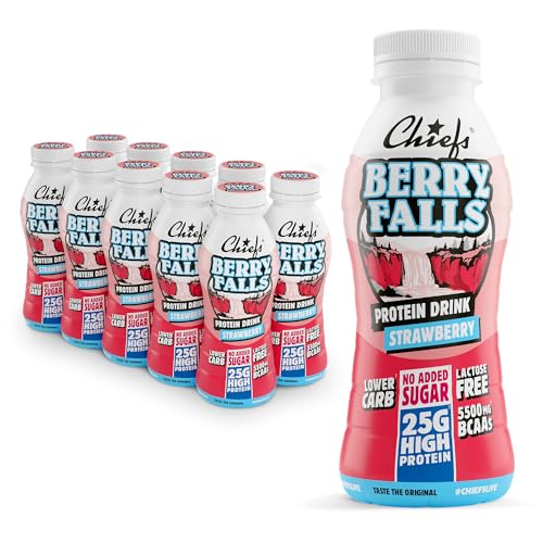 Chiefs Protein Drink (Strawberry) • High Protein Shake mit 25g Protein & BCAA • Lower Carb, ohne Zuckerzusatz & laktosefrei • Fitness Eiweiß Drink • 10 x 330ml (inkl. 2,50€ Pfand) von Chiefs