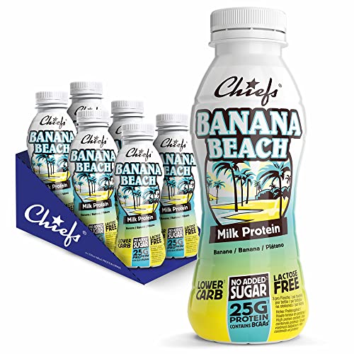 Chiefs Protein Drink (Banana Beach) • High Protein Shake mit 25g Protein & BCAA • Low Carb, ohne Zuckerzusatz & laktosefrei • Fitness Eiweiß Drink • 6 x 330ml (inkl. 1,50€ Pfand) von Chiefs