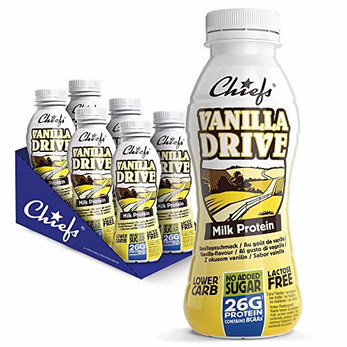 Chiefs Protein Drink (Vanilla Drive) • High Protein Shake mit 26g Protein & BCAA • Low Carb, ohne Zuckerzusatz & laktosefrei • Fitness Eiweiß Drink • 6 x 330ml (inkl. 1,50€ Pfand) von Chiefs