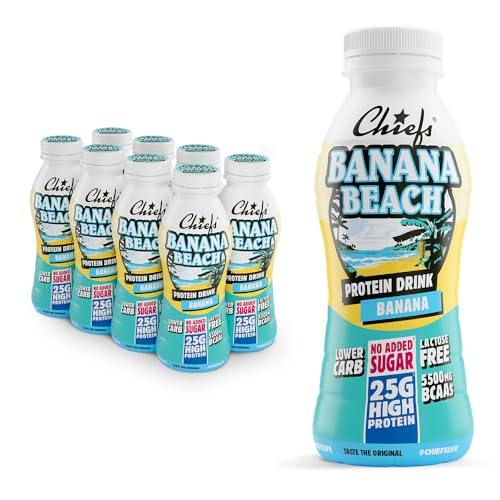 Chiefs Protein Drink (Banana Beach) • High Protein Shake mit 25g Protein & BCAA • Low Carb, ohne Zuckerzusatz & laktosefrei • Fitness Eiweiß Drink • 8 x 330ml (inkl. 2€ Pfand) von Chiefs