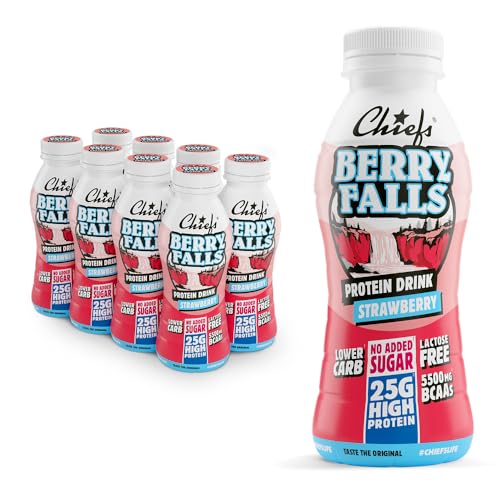 Chiefs Protein Drink (Berry Falls) • High Protein Shake mit 25g Protein & BCAA • Lower Carb, ohne Zuckerzusatz & laktosefrei • Fitness Eiweiß Drink • 8 x 330ml (inkl. 2€ Pfand) von Chiefs