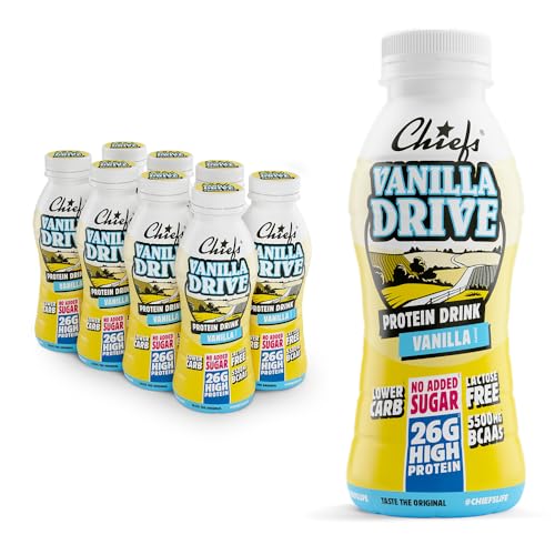 Chiefs Protein Drink (Vanilla Drive) • High Protein Shake mit 26g Protein & BCAA • Lower Carb, ohne Zuckerzusatz & laktosefrei • Fitness Eiweiß Drink • 8 x 330ml (inkl. 2€ Pfand) von Chiefs