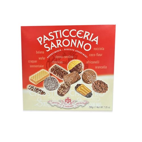 Chiostro di Saronno Pasticceria di Saronno 200 g, Kekse und Pralinen mit Schokolade, Mischung aus Pasticceria, italienische Spezialitäten, rotes quadratisches Etui von Chiostro di Saronno