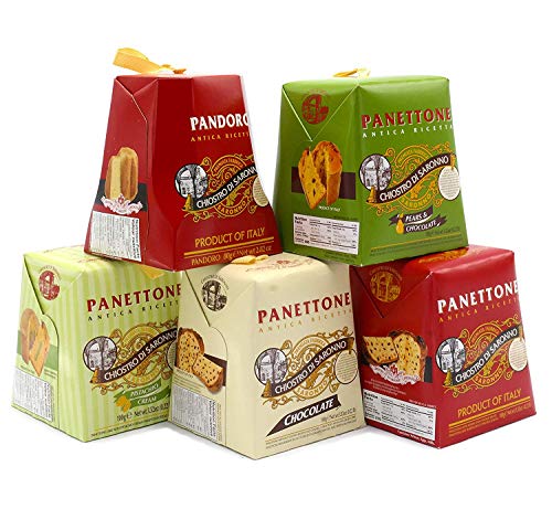 Panettone-Turm, 5 einzeln verpackte, authentische italienische Kuchen-Sorten. Mit Pandoro-Kuchen von Chiostro di Saronno