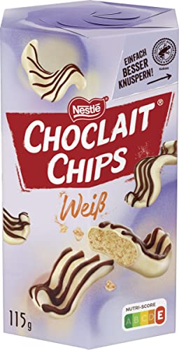 Nestlé CHOCLAIT CHIPS Weiß, Leckere Knusperchips mit Mandelgeschmack, umhüllt mit weißer Schokolade und verfeinert mit Milchschokolade-Dekorstreifen, 10er Pack (1 x 115g) von Choclait Chips