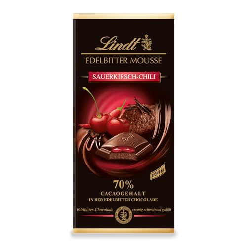 Lindt Schokolade Edelbitter Mousse Sauerkirsch-Chili | 150 g Tafel | Mit 70 % Kakaogehalt und dunkler Mousse au Chocolat und Sauerkirsch-Chili Füllung | Schokoladentafel | dunkle Schokolade von Lindt