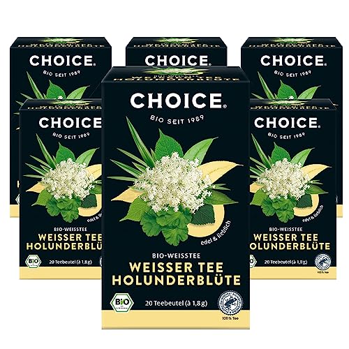 CHOICE - Weißer Tee Holunderblüte, Bio-Grüntee mit Bio-Kräutern, Edel und Lieblich, Handverlesen, 6x20 Teebeutel (120 Beutel insgesamt) von Choice
